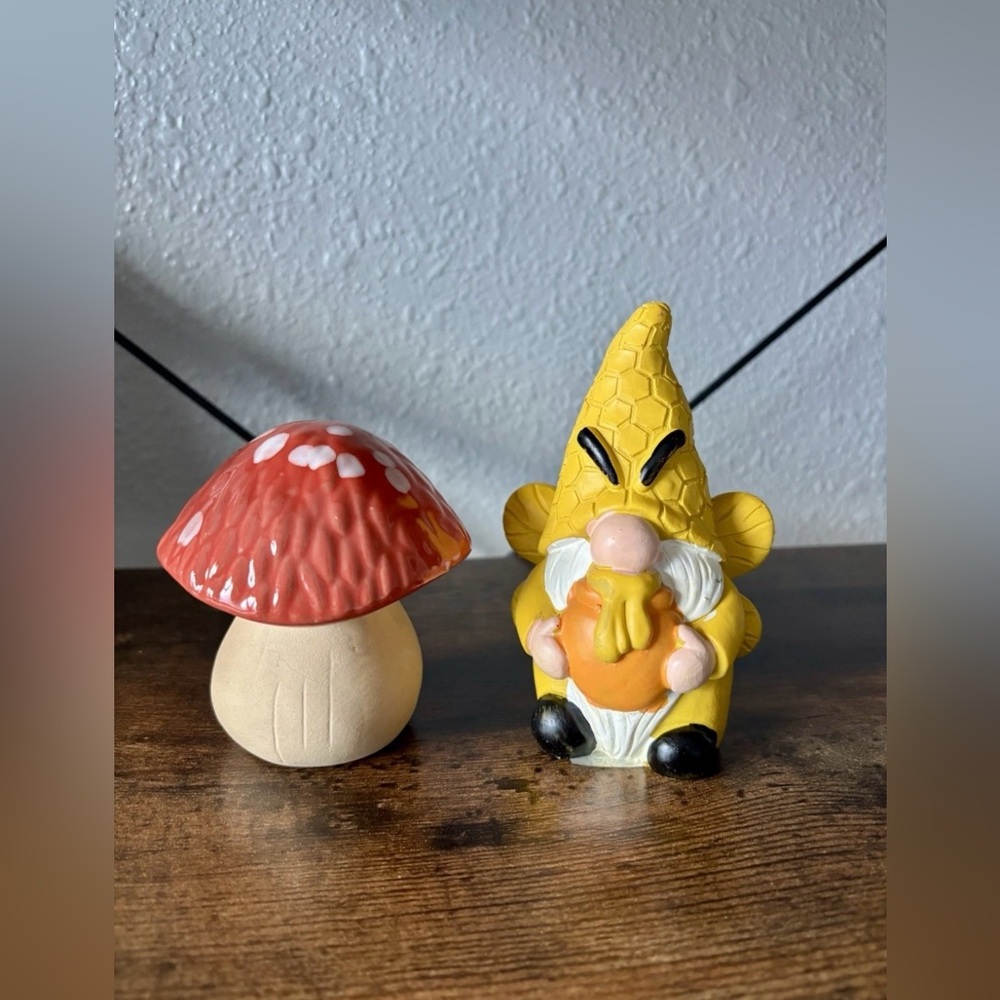 Yellow Gnome Figurine with Orange Pumpkin & Red Mushroom Figurine Garden Decor